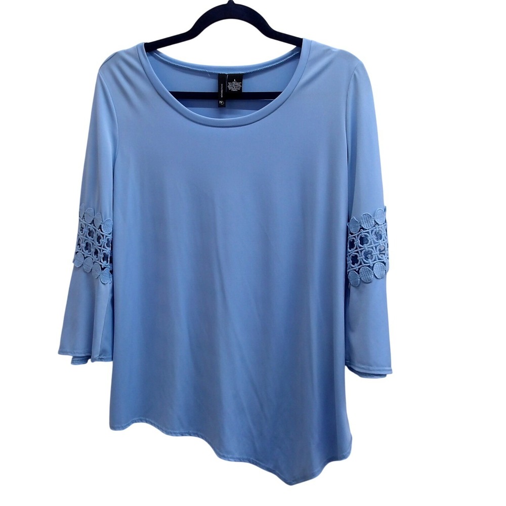 New Directions Light Blue Short Sleeve Scoop Neck Crochet Trim Knit Top Large